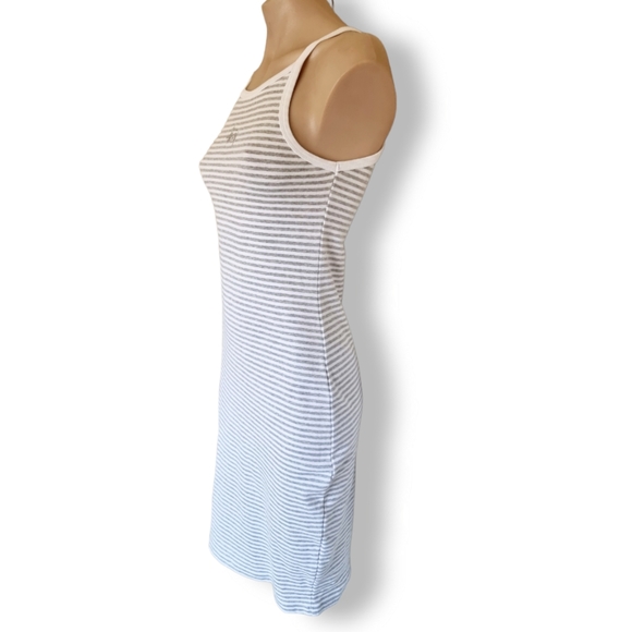 Stussy, grey + white horizontal stripe, high neck, knee-length shirt dress AU 10 - Picture 2 of 6